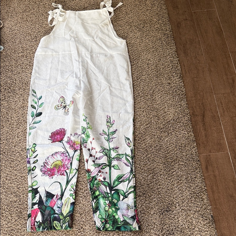 MISSLOOK Floral Print Jumpsuit - White and Green